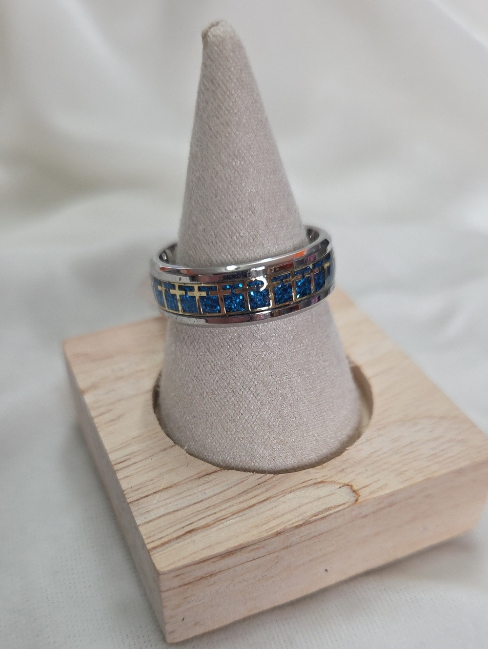 Men's Unisex Blue Silver Crosses Ring Stainless Steel Band Ring Wedding Band